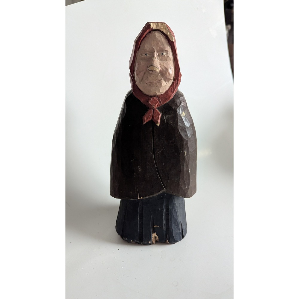Vintage Hand Carved Wood Folk Art Babushka Figurine Elderly Woman Statue 10.5in